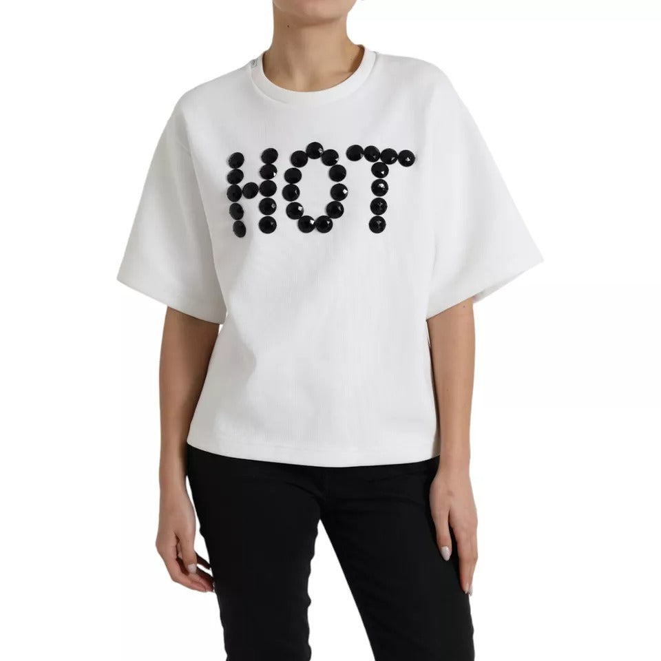 Dolce & Gabbana White Cotton Black HOT Crystal Top T-shirt