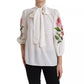 Dolce & Gabbana White Floral Silk Ascot Collared Top Blouse