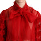 Dolce & Gabbana Red Silk Ascot Collar Ruffles Blouse Top