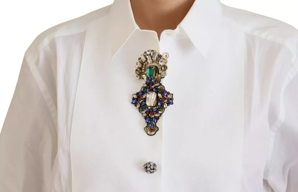 Dolce & Gabbana White Cotton Crystals Shirt Embellished Top