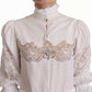 Dolce & Gabbana White Cotton Lace Trim Turtle Neck Blouse Top