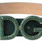 Dolce & Gabbana Green Iguana Leather DG Crystal Gold Buckle Belt