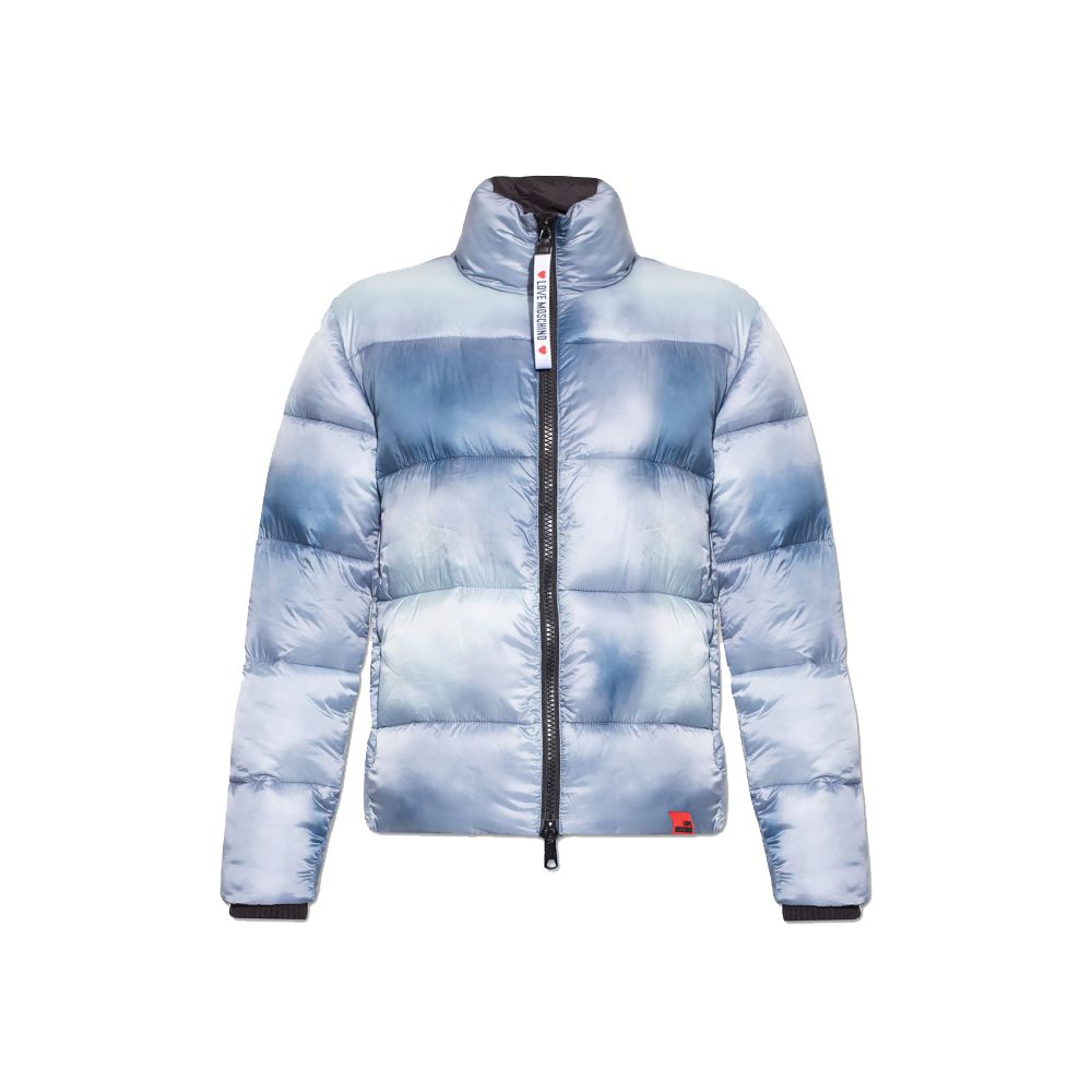 Love Moschino Chic Light Blue Down Jacket with Logo Patch