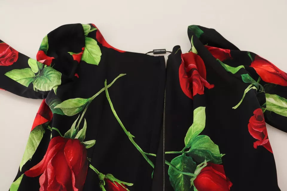 Dolce & Gabbana Black Red Roses Sheath Silk Stretch Dress