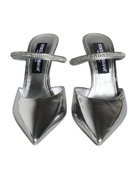 Dolce & Gabbana Silver Crystal Leather Slip On Sandals Shoes