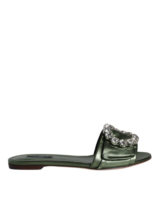 Dolce & Gabbana Metallic Green Crystal Leather Flats Sandals Shoes