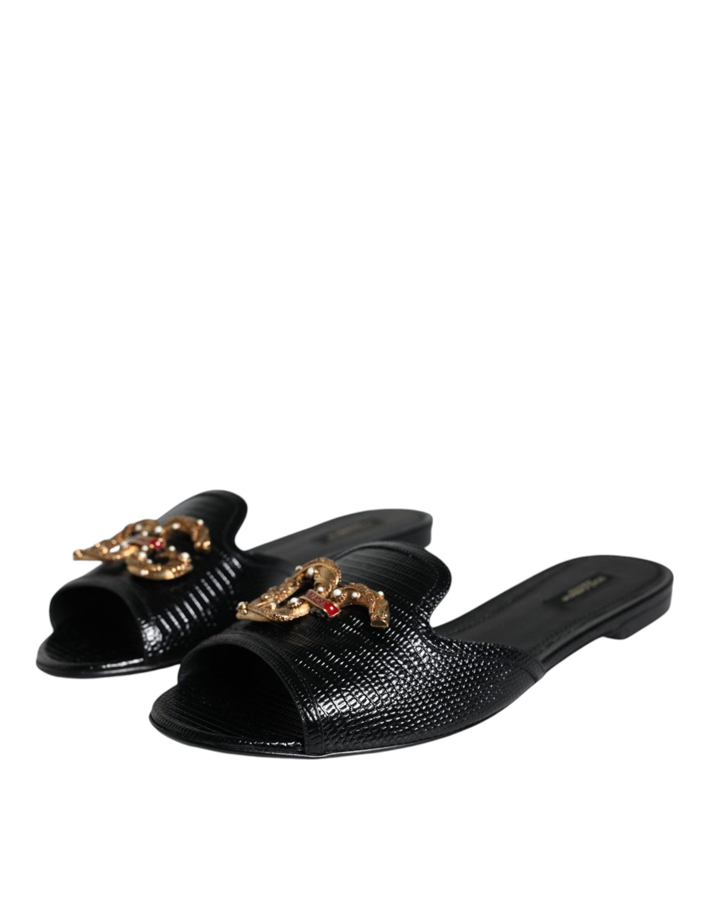 Dolce & Gabbana Black DG Amore Leather Slip On Flats Shoes