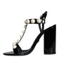 Dolce & Gabbana Black Leather Pearls T-strap Sandals Shoes