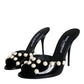 Dolce & Gabbana Black Leather Pearls Slides Sandals Shoes