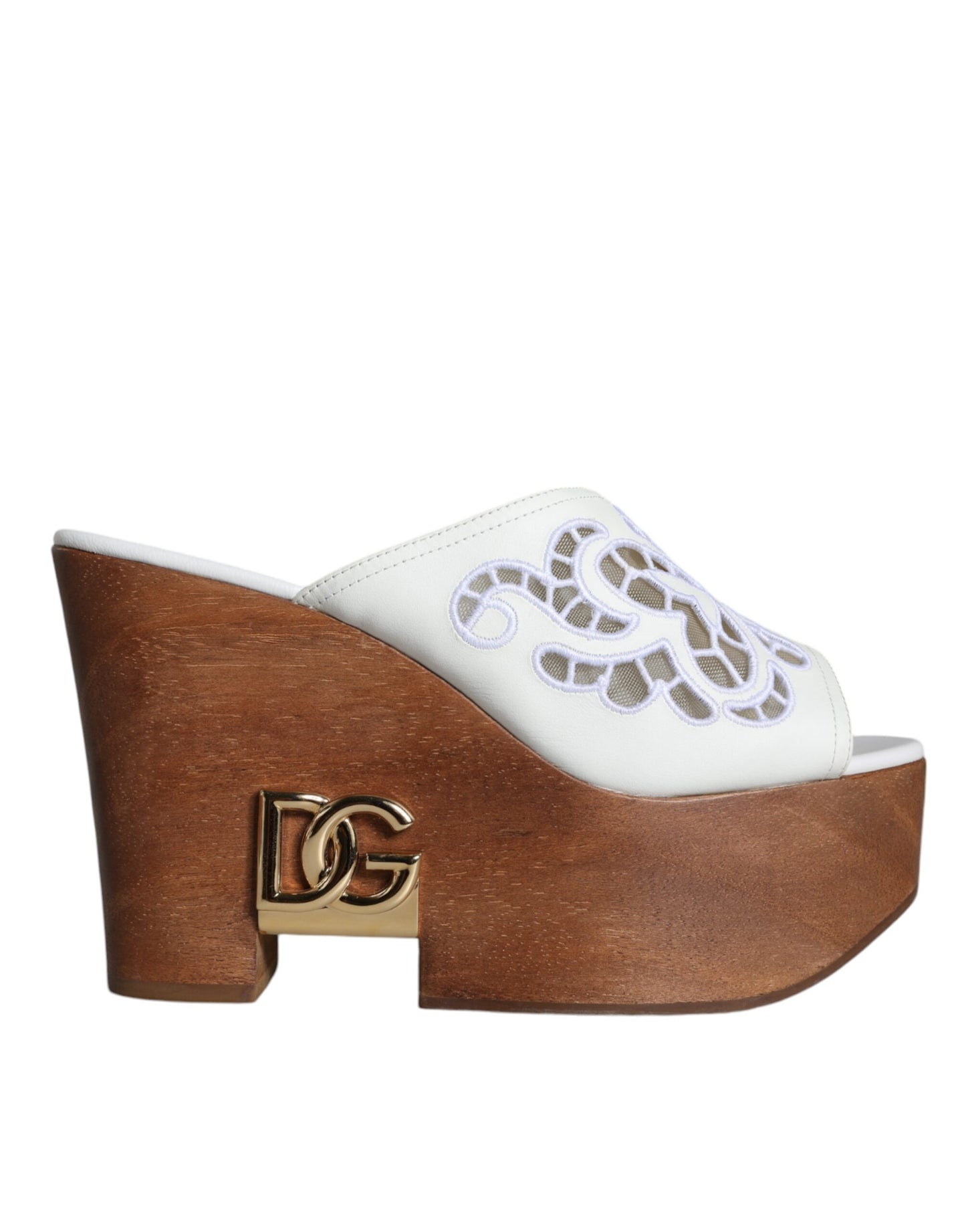 Dolce & Gabbana White Leather Wood Mules Wedge Slides Shoes