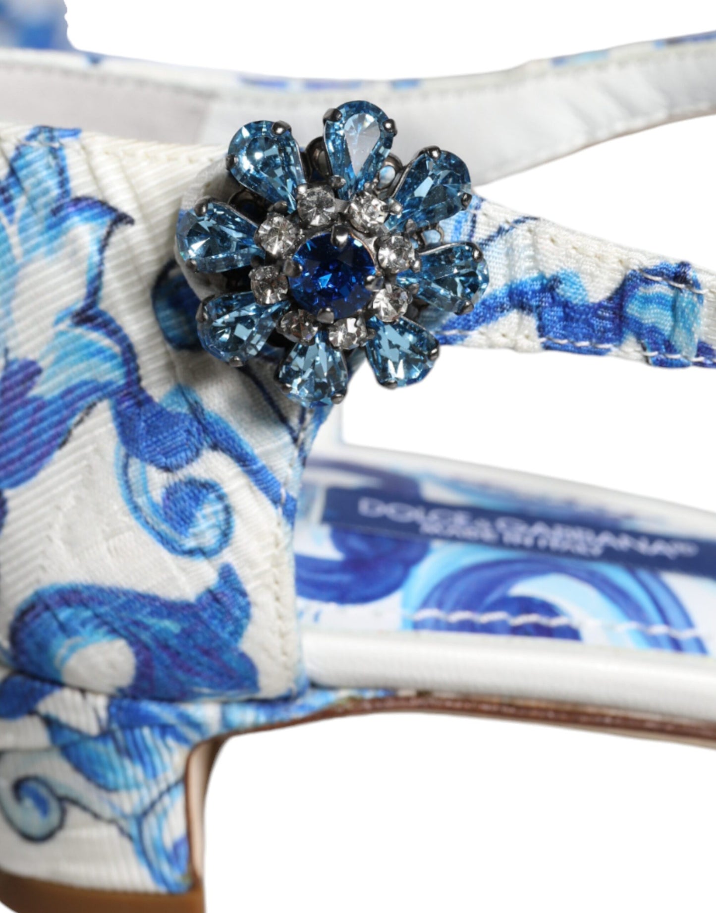 Dolce & Gabbana White Blue Majolica Print Ankle Strap Sandals Shoes