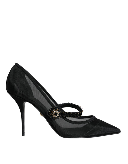 Dolce & Gabbana Black Mesh Mary Jane Crystal Heel Pumps Shoes