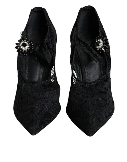 Dolce & Gabbana Black Mary Jane Pumps Lace Crystals Heels Shoes