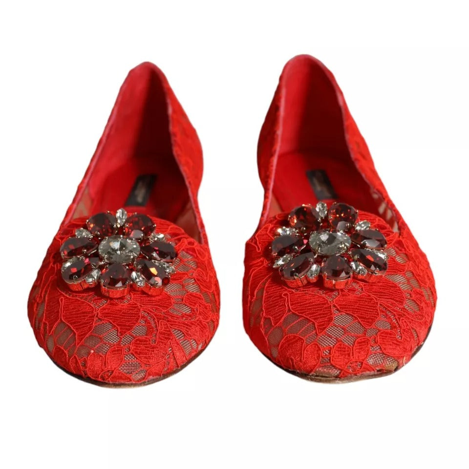 Dolce & Gabbana Red Lace Crystal Ballet Flats Loafers Shoes