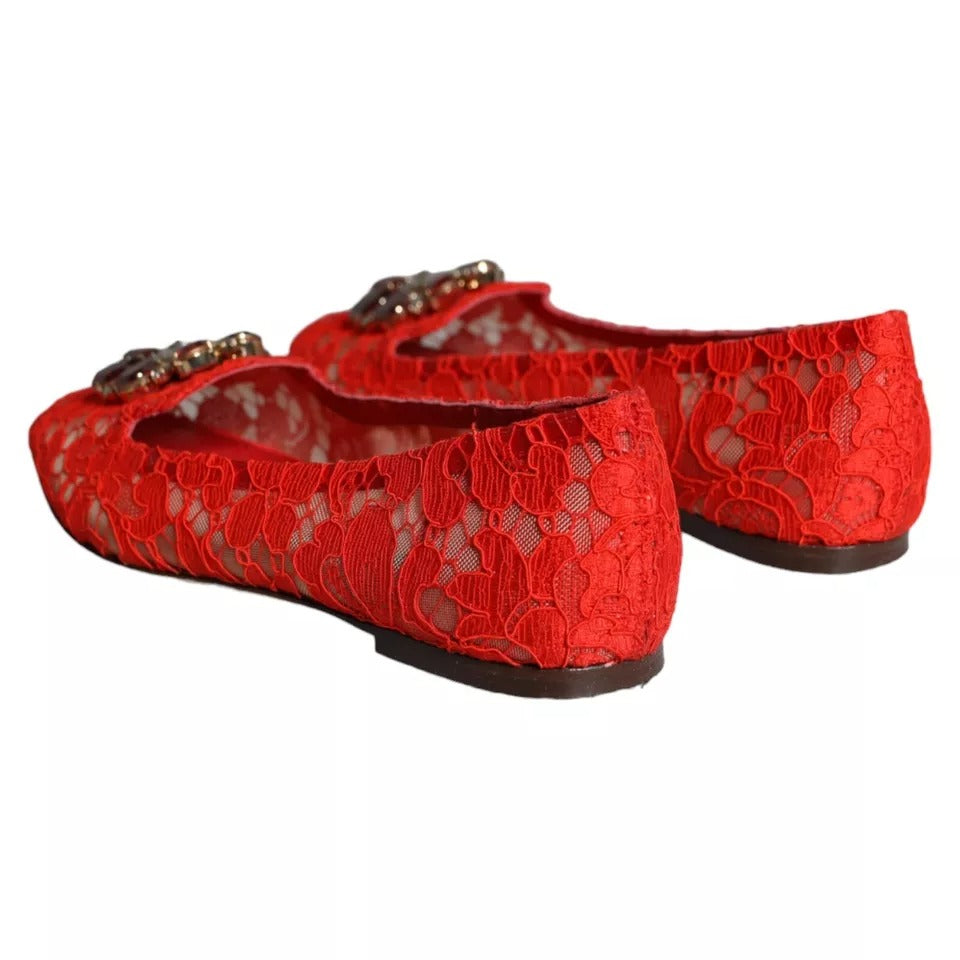 Dolce & Gabbana Red Lace Crystal Ballet Flats Loafers Shoes