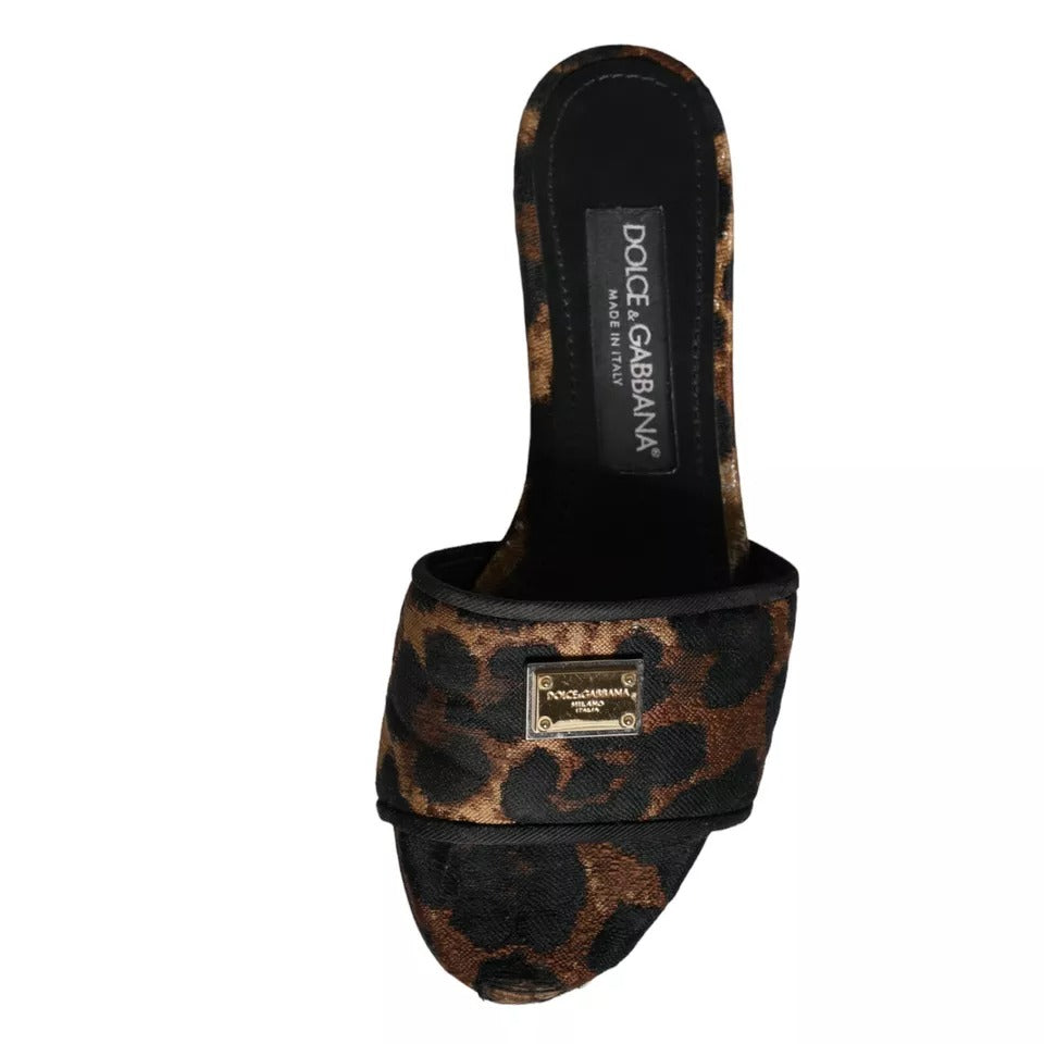 Dolce & Gabbana Brown Leopard Logo Slides Flats Sandals Shoes