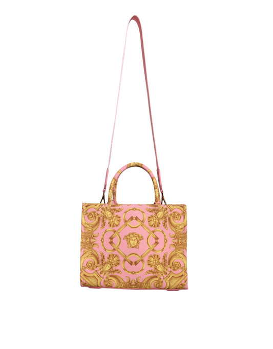 Versace Pink Yellow Baroque Fabric Leather Shopping Tote Bag