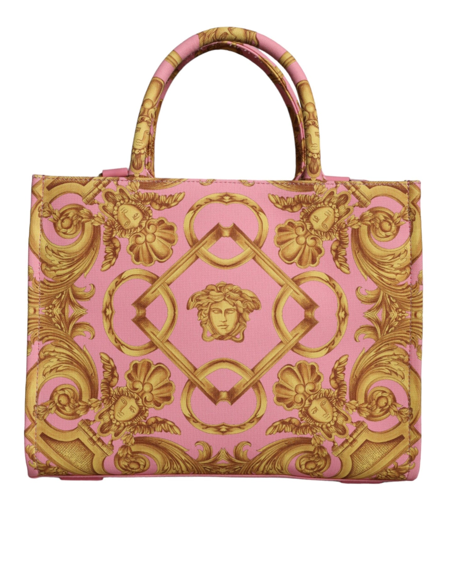 Versace Pink Yellow Baroque Fabric Leather Shopping Tote Bag