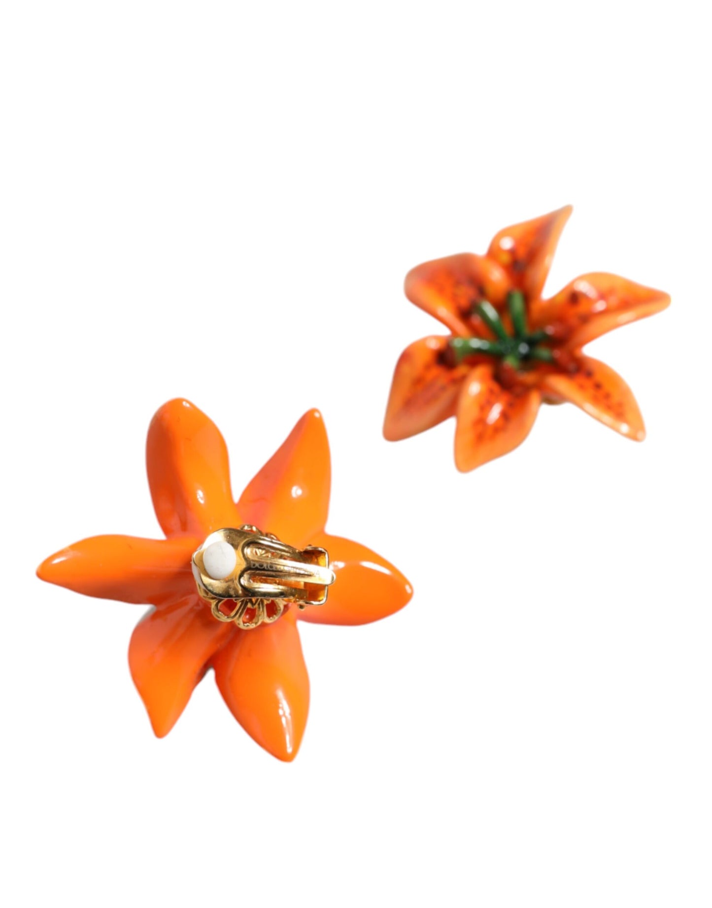 Dolce & Gabbana Orange Green Gold Brass Lily Flower Clip Floral Earrings