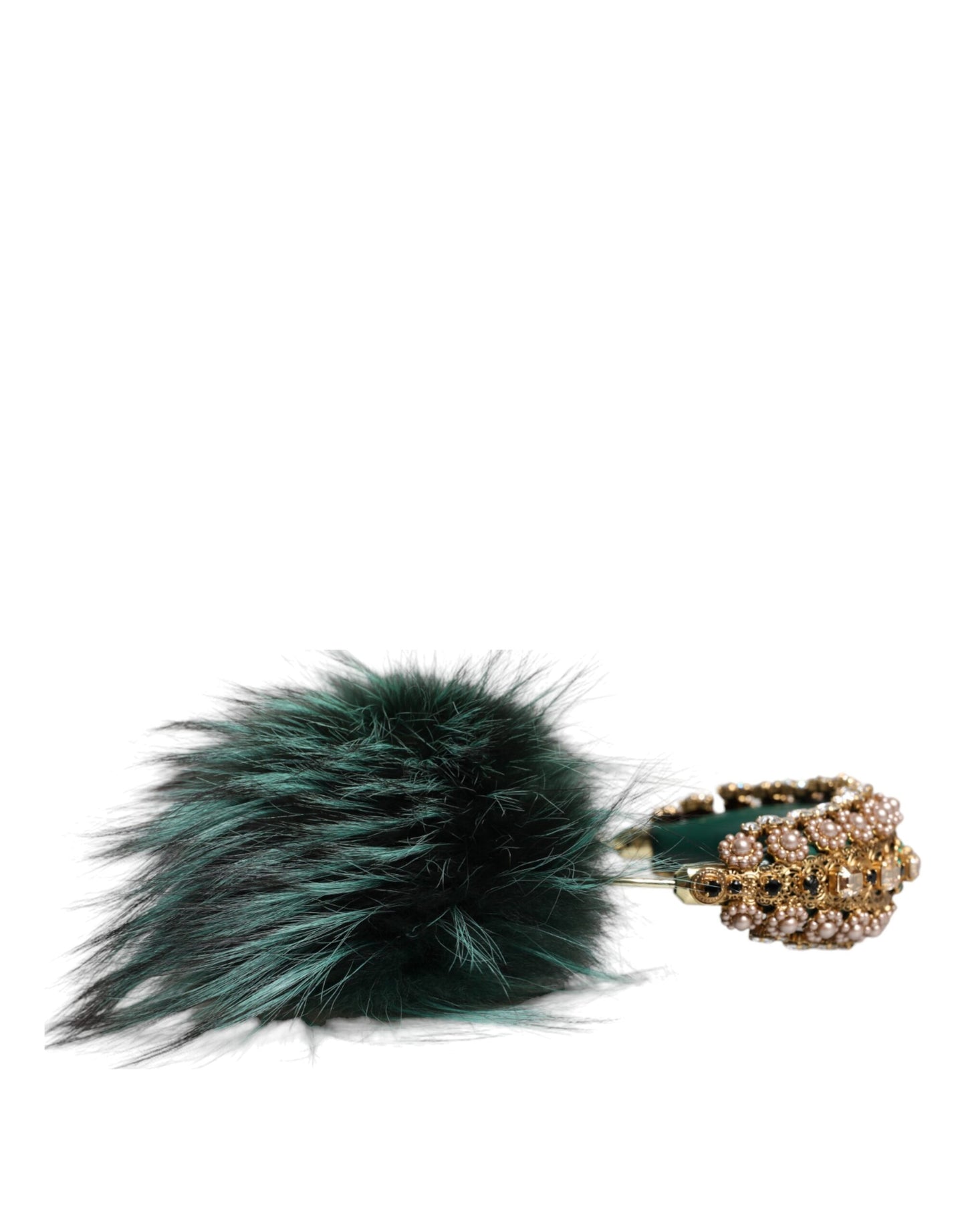 Dolce & Gabbana Green Gold Crystal Fur Headset Audio AUX Headphones