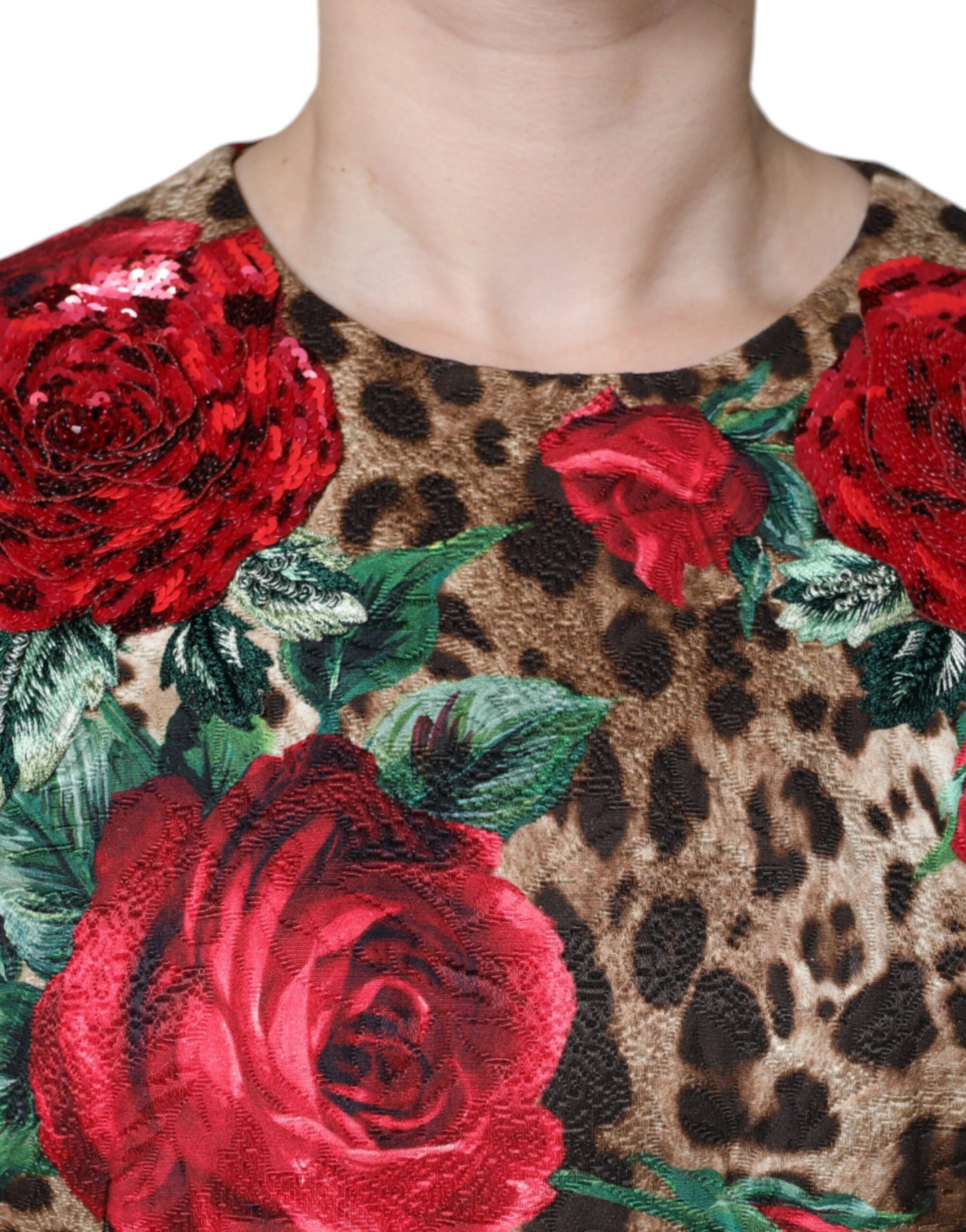 Dolce & Gabbana Brown Leopard Red Roses Cotton A-line Dress