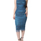 Dolce & Gabbana Blue Mesh Trim Ruched Tulle Sheath Dress