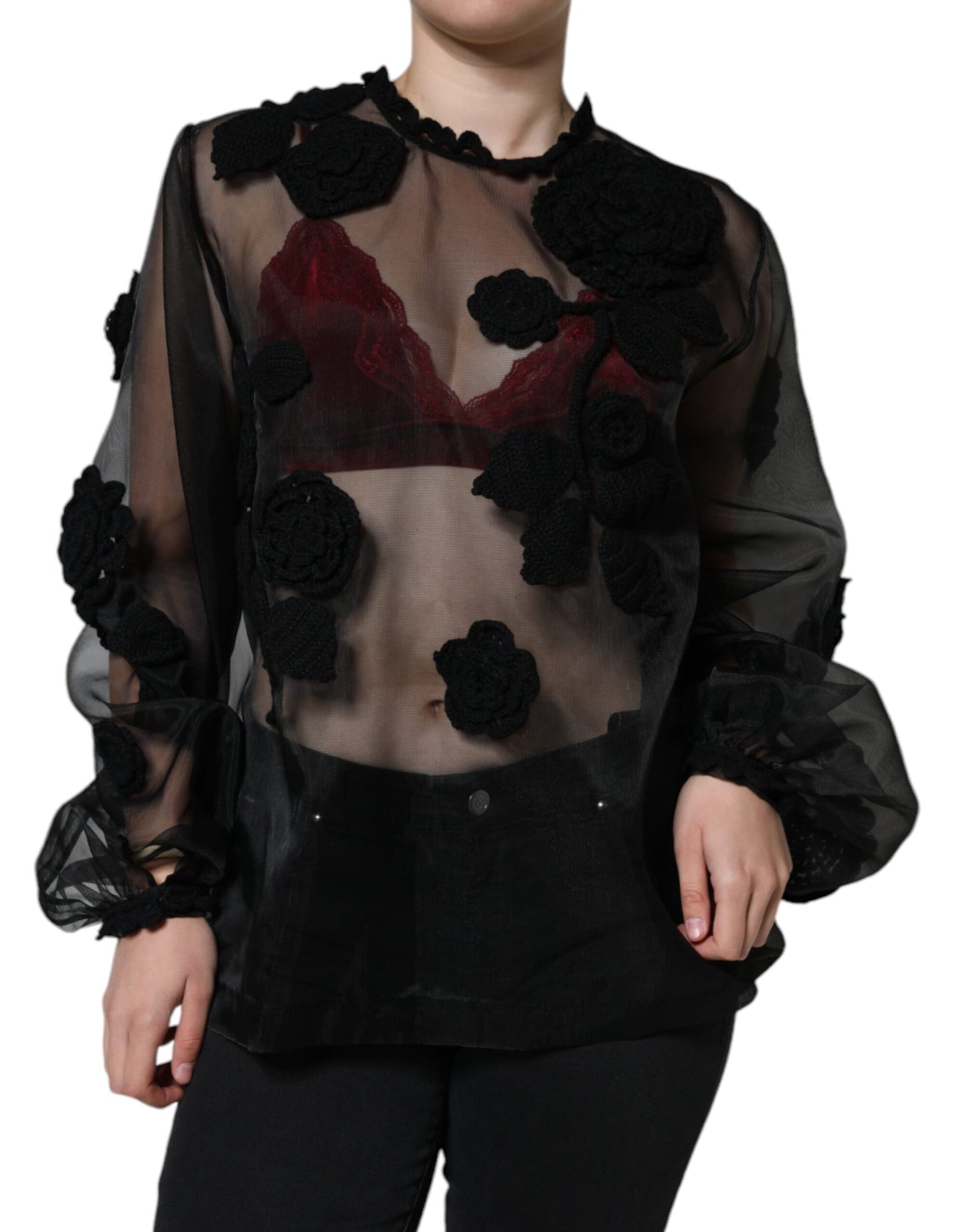 Dolce & Gabbana Black Nylon Mesh Transparent Floral Blouse