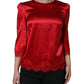 Dolce & Gabbana Red Satin Lace Trim Round Neck Blouse Top