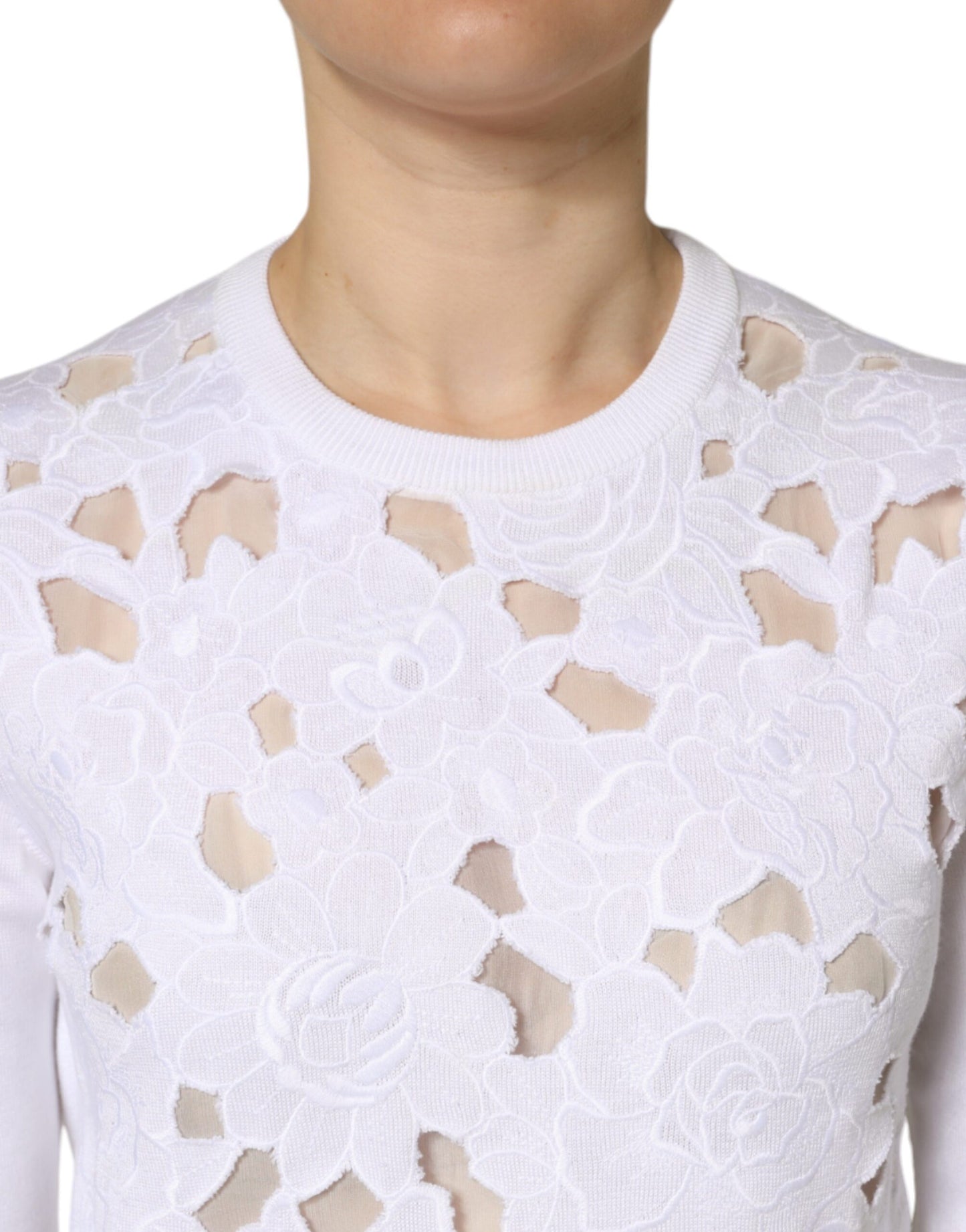 Dolce & Gabbana White Lace Cut Out Long Sleeves Pullover Sweater