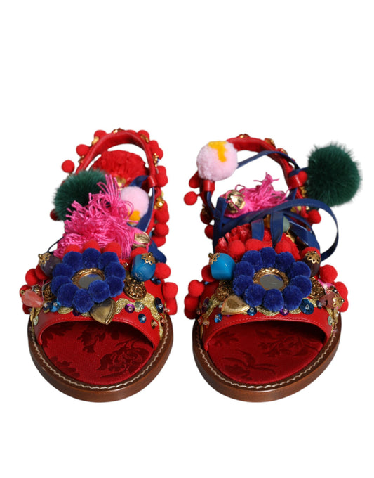 Dolce & Gabbana Multicolor Pom Pom Fur Wrap Sandals Shoes