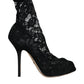 Dolce & Gabbana Black Lace Stretch Heels Mid Calf Boot Shoes