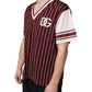 Dolce & Gabbana Maroon Stripes Cotton Logo V-neck T-shirt