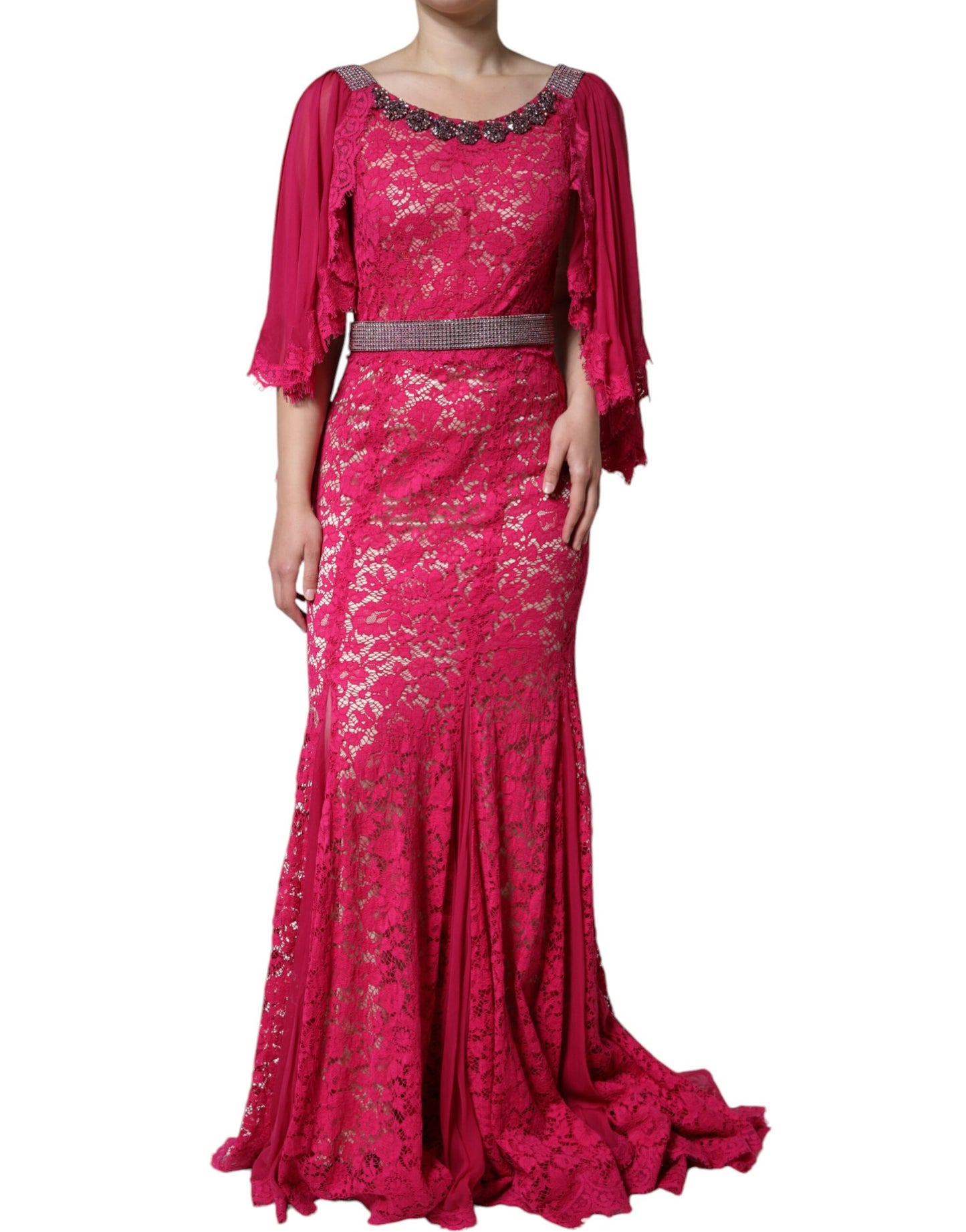 Dolce & Gabbana Pink Lace Crystal Sheath Long Gown Dress