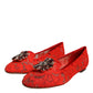 Dolce & Gabbana Red Lace Crystal Ballet Flats Loafers Shoes