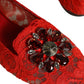 Dolce & Gabbana Red Lace Crystal Ballet Flats Loafers Shoes