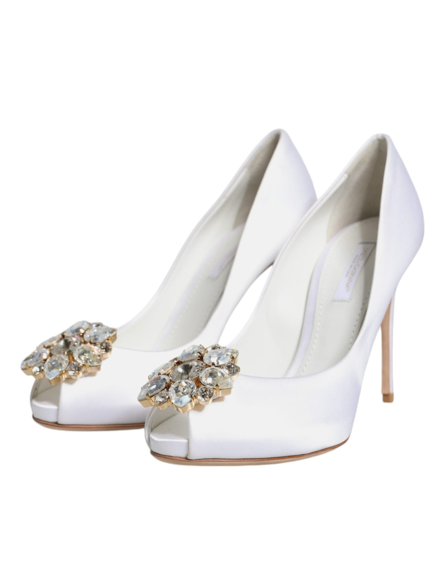 Dolce & Gabbana White Crystals Peep Toe Satin Pumps Shoes