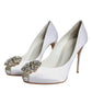 Dolce & Gabbana White Crystals Peep Toe Satin Pumps Shoes