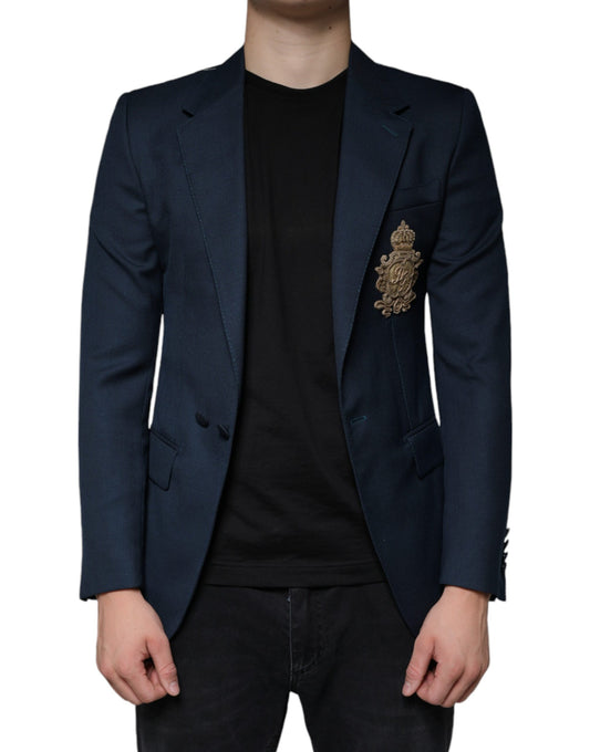 Dolce & Gabbana Blue Wool Logo Single Breasted Coat Blazer