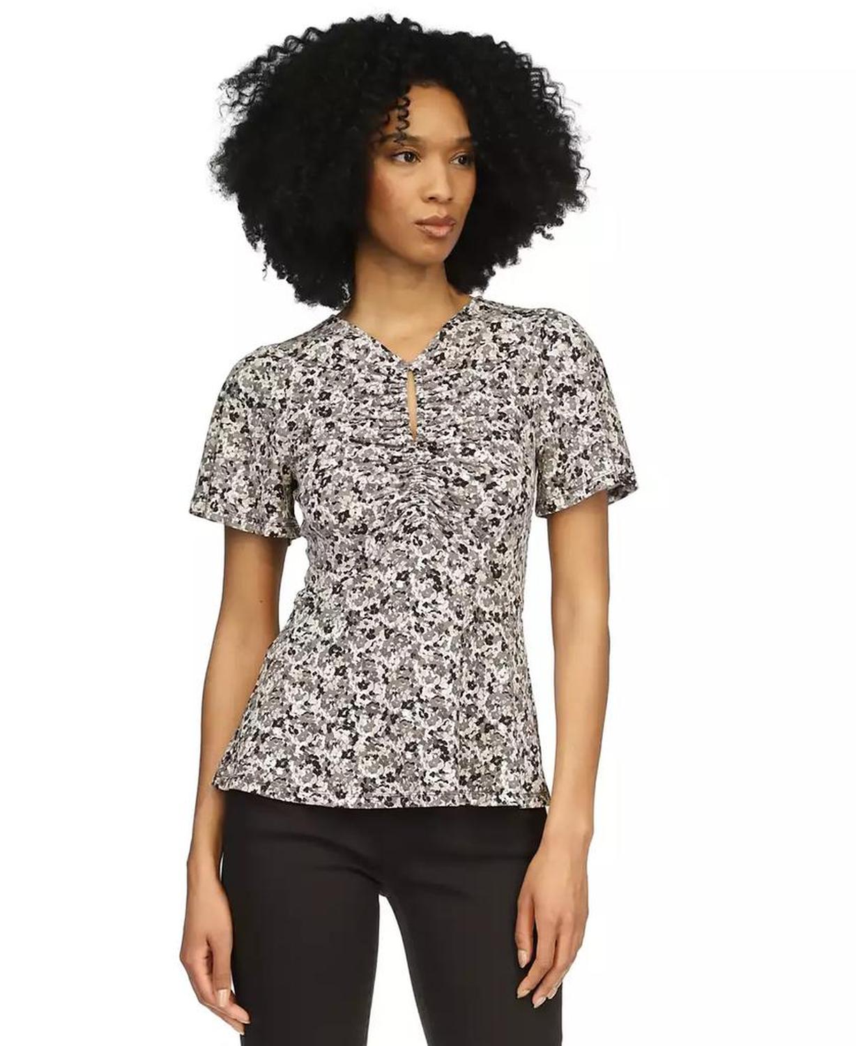 MICHAEL Women's Printed Keyhole Flutter-Sleeve Top