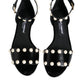 Dolce & Gabbana Black Leather Pearls Ankle Strap Sandals Shoes