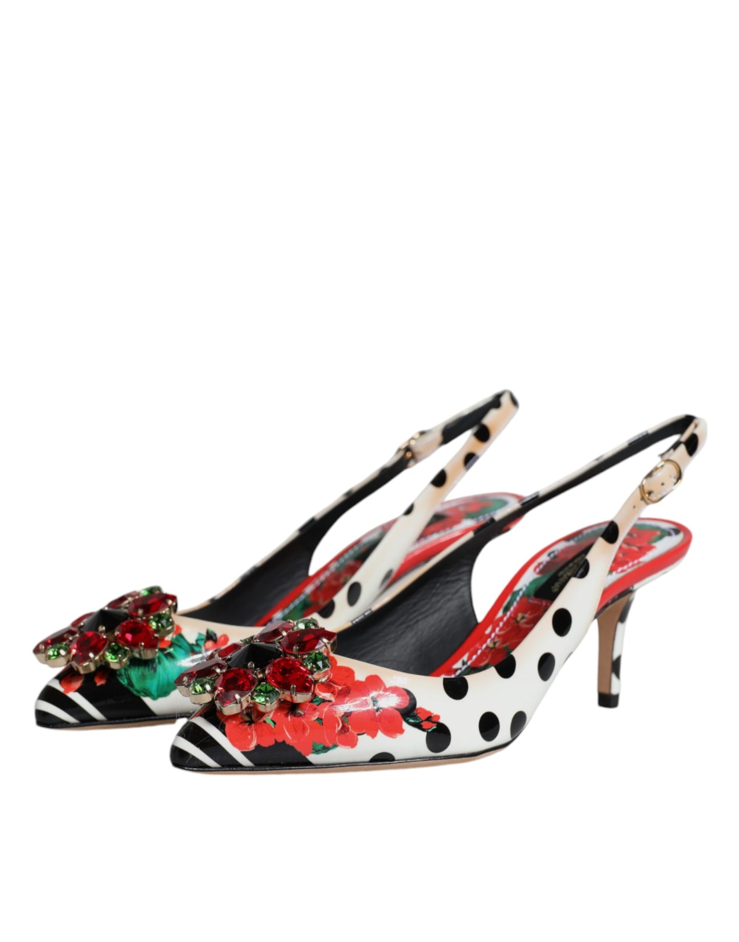 Dolce & Gabbana Multicolor Leather Crystal Heels Slingback Shoes