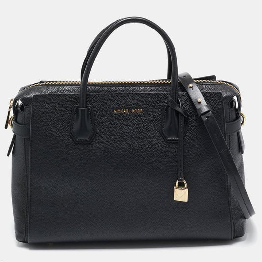 Black Leather Large Mercer Belted Satchel