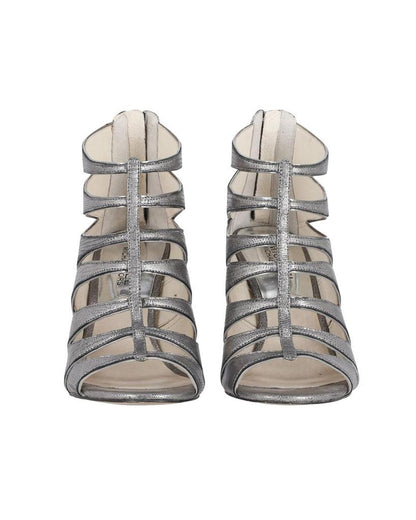 Michael Kors Mavis Open Toe Snake-Print Heels in Silver Leather