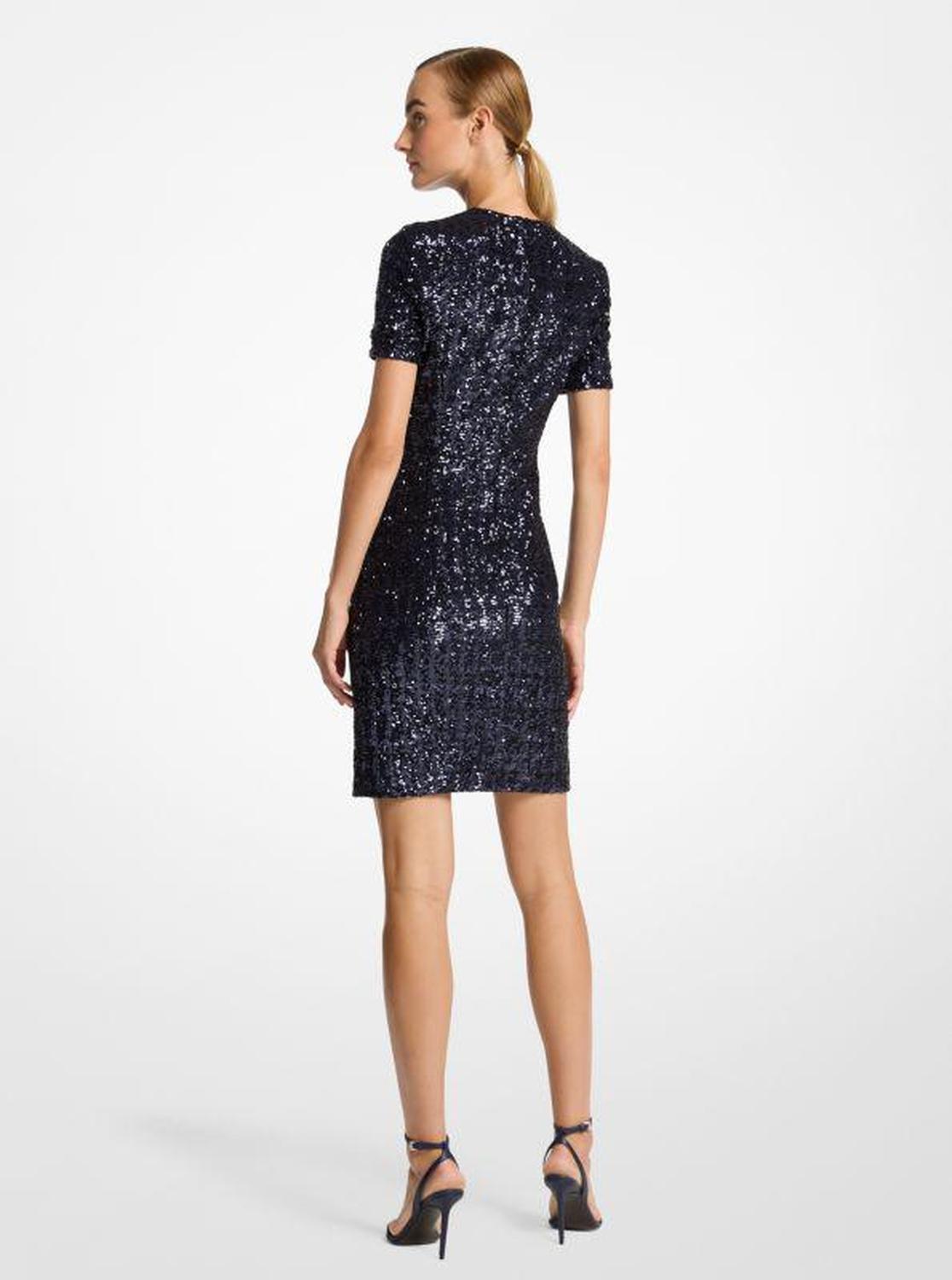 Sequined Short-Sleeve Crewneck Dress