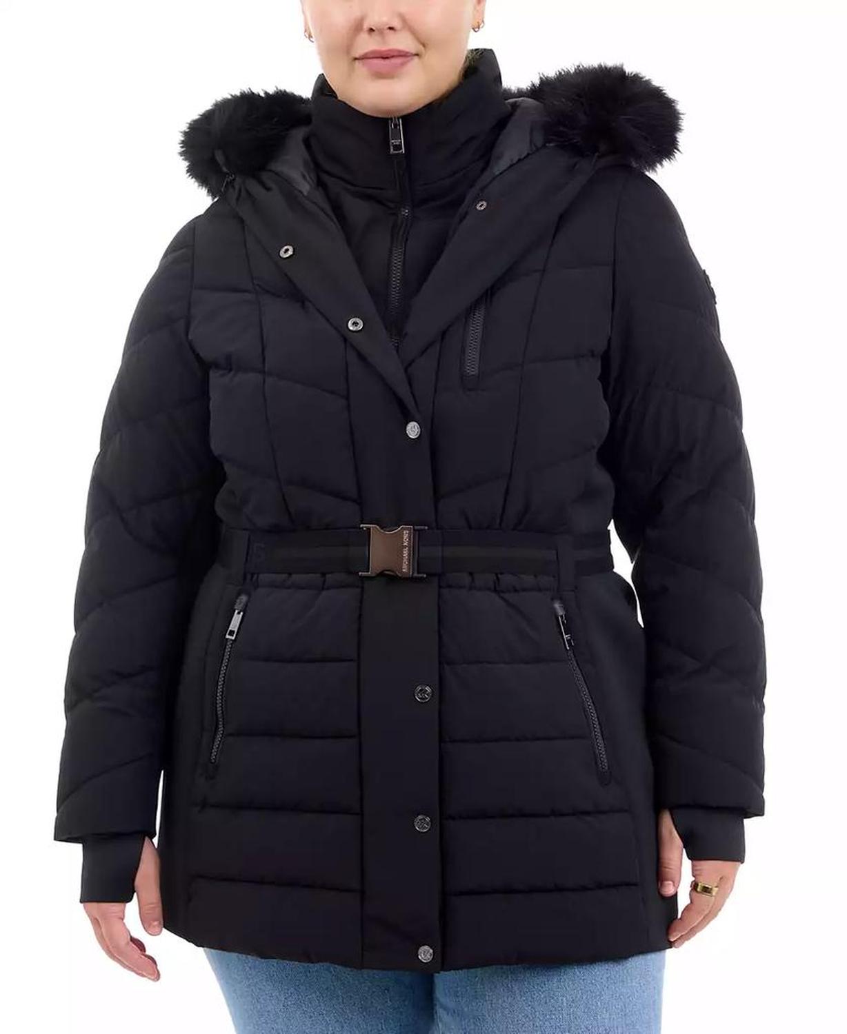 Plus Size Belted Faux-Fur-Trim Hooded Puffer Coat