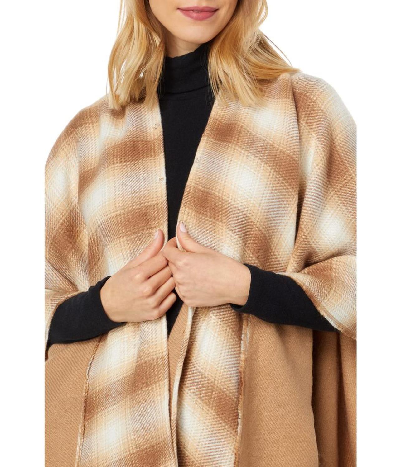 Reversible Plaid Ruana with Faux Fur Collar