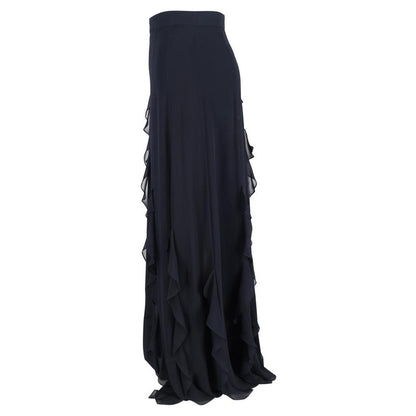 Serafin Frilled Long Skirt in Navy Blue Silk