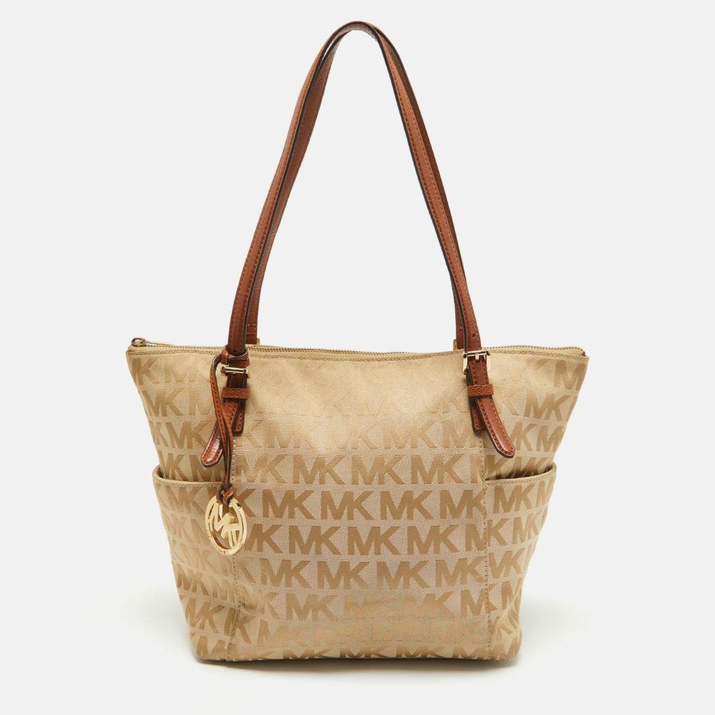 Michael Kors Beige/brown Signature Canvas And Leather Jet Set Top Zip Tote