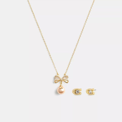 Coach Outlet Bow Pearl Necklace And Earrings Set