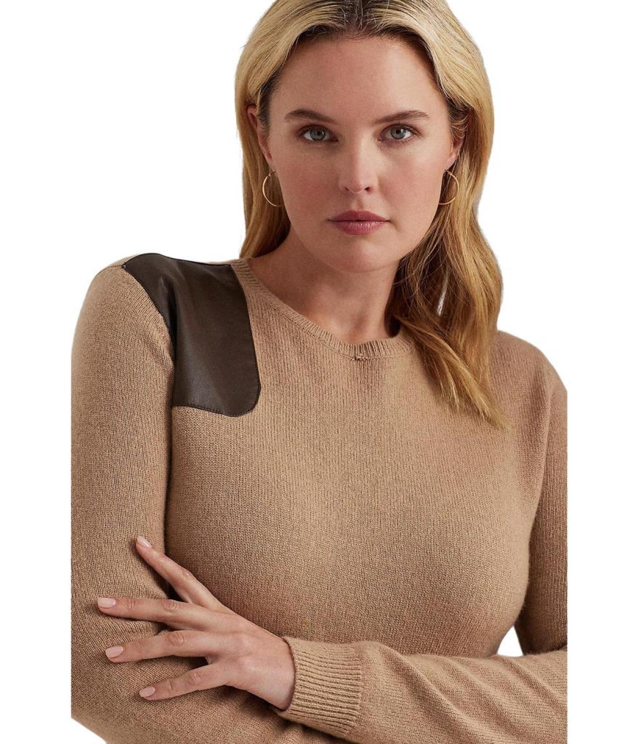 Plus Size Faux Leather Trim Wool Cashmere Dress